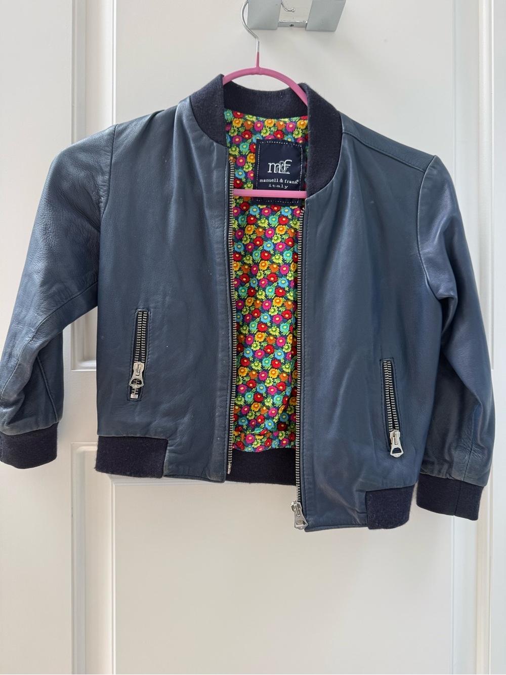m&f Kids Navy Leather Bomber Jacket with Colorful Lining